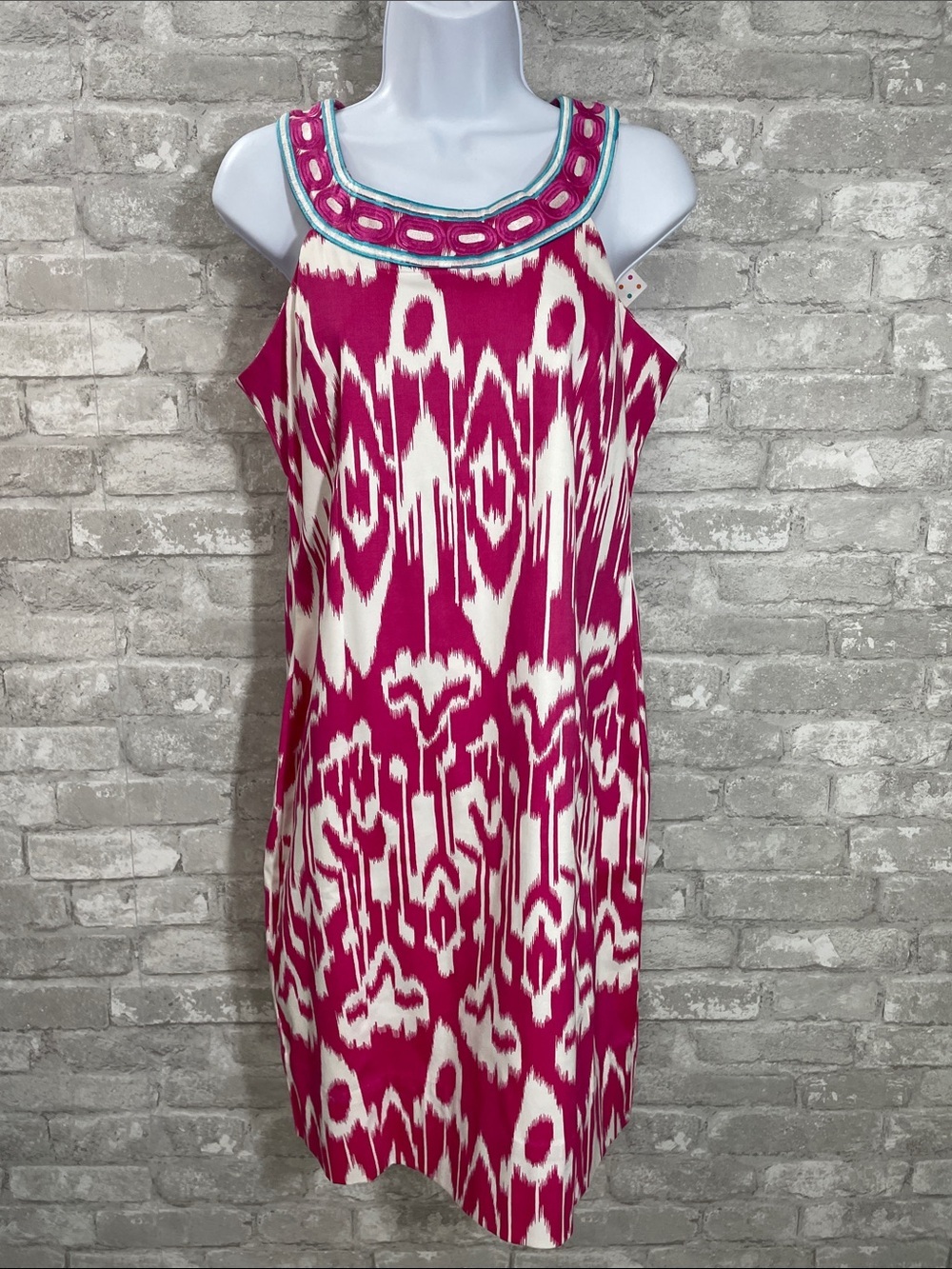 Gretchen Scott Designs Fuchsia and White Ikat Shift Dress with Beaded Neckline